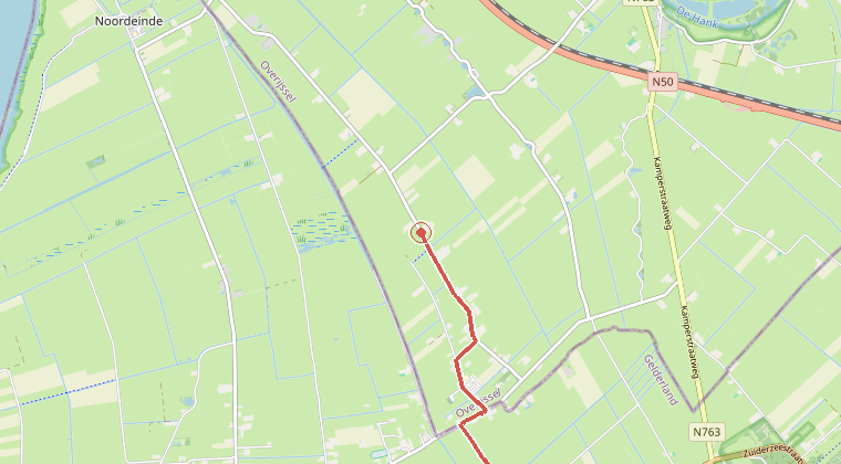 Kaart van de omgeving van de melding, met de kazerne die is gealarmeerd