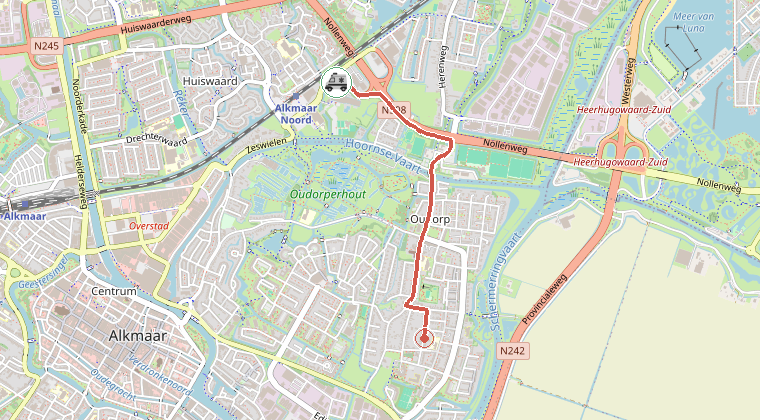 Kaart van de omgeving van de melding, met de kazerne die is gealarmeerd