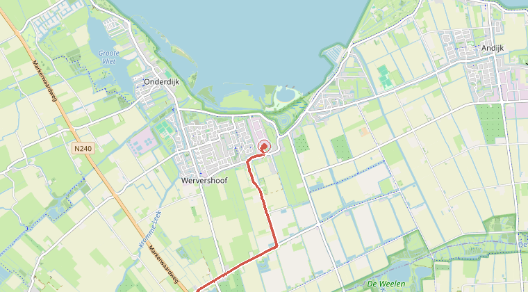 Kaart van de omgeving van de melding, met de kazerne die is gealarmeerd