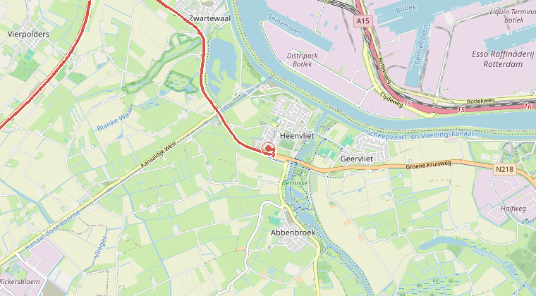 Kaart van de omgeving van de melding, met de kazerne die is gealarmeerd
