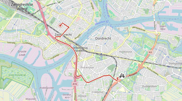 Kaart van de omgeving van de melding, met de kazerne die is gealarmeerd