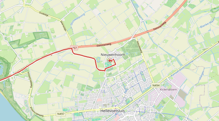 Kaart van de omgeving van de melding, met de kazerne die is gealarmeerd