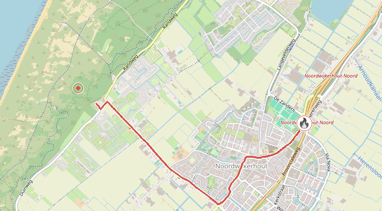 Kaart van de omgeving van de melding, met de kazerne die is gealarmeerd