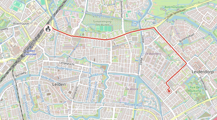 Kaart van de omgeving van de melding, met de kazerne die is gealarmeerd