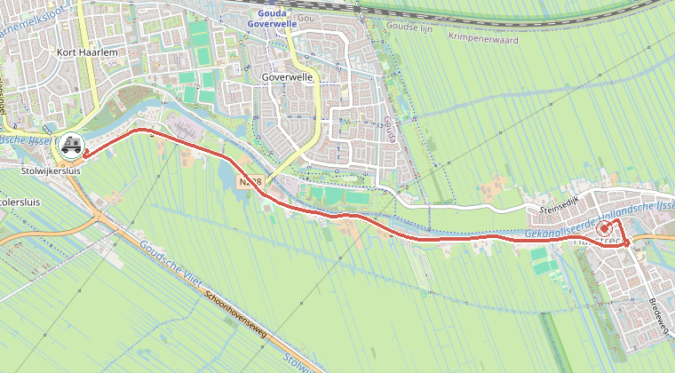 Kaart van de omgeving van de melding, met de kazerne die is gealarmeerd