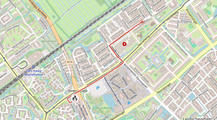 Kaart van de omgeving van de melding, met de kazerne die is gealarmeerd