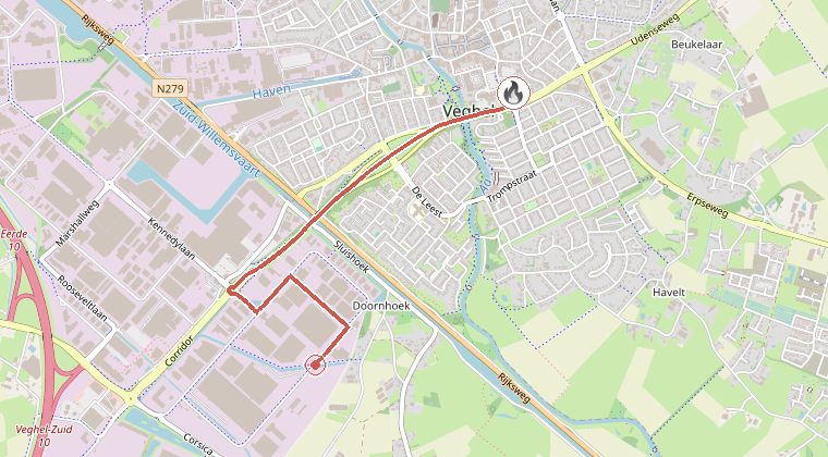 Kaart van de omgeving van de melding, met de kazerne die is gealarmeerd