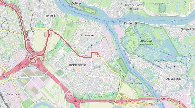 Kaart van de omgeving van de melding, met de kazerne die is gealarmeerd