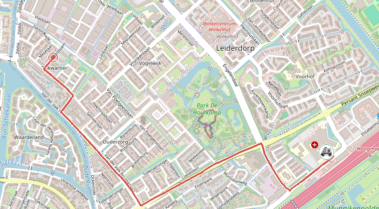 Kaart van de omgeving van de melding, met de kazerne die is gealarmeerd