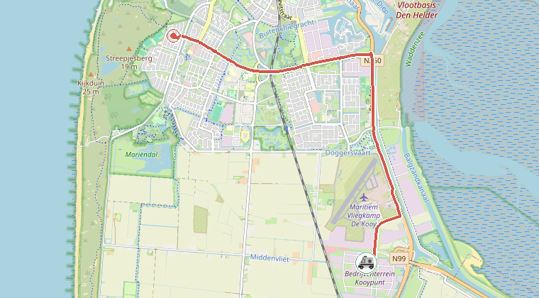 Kaart van de omgeving van de melding, met de kazerne die is gealarmeerd