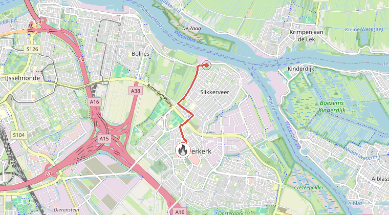 Kaart van de omgeving van de melding, met de kazerne die is gealarmeerd