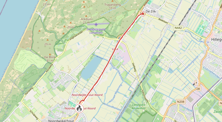 Kaart van de omgeving van de melding, met de kazerne die is gealarmeerd
