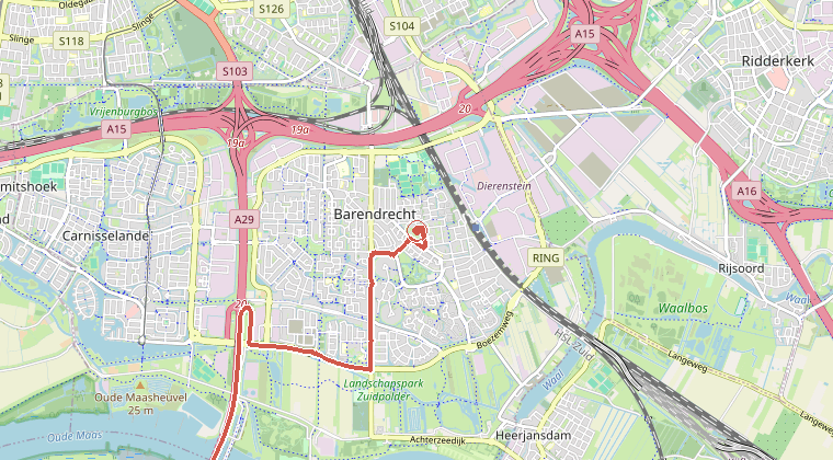 Kaart van de omgeving van de melding, met de kazerne die is gealarmeerd