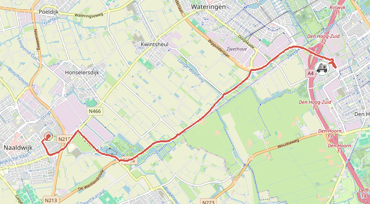 Kaart van de omgeving van de melding, met de kazerne die is gealarmeerd