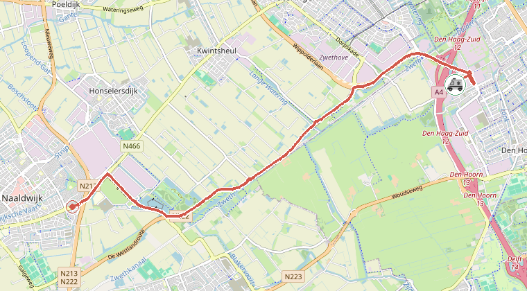 Kaart van de omgeving van de melding, met de kazerne die is gealarmeerd