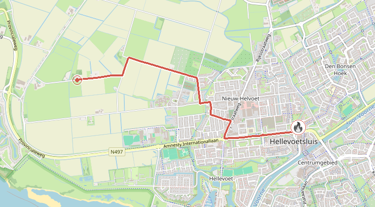 Kaart van de omgeving van de melding, met de kazerne die is gealarmeerd