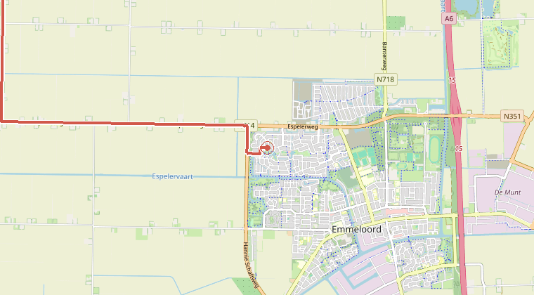 Kaart van de omgeving van de melding, met de kazerne die is gealarmeerd