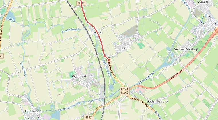 Kaart van de omgeving van de melding, met de kazerne die is gealarmeerd