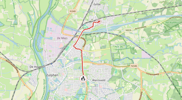 Kaart van de omgeving van de melding, met de kazerne die is gealarmeerd