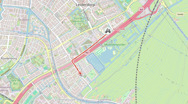 Kaart van de omgeving van de melding, met de kazerne die is gealarmeerd