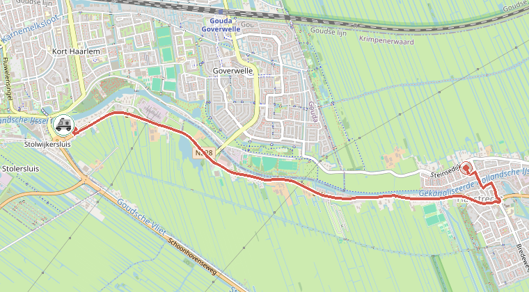 Kaart van de omgeving van de melding, met de kazerne die is gealarmeerd