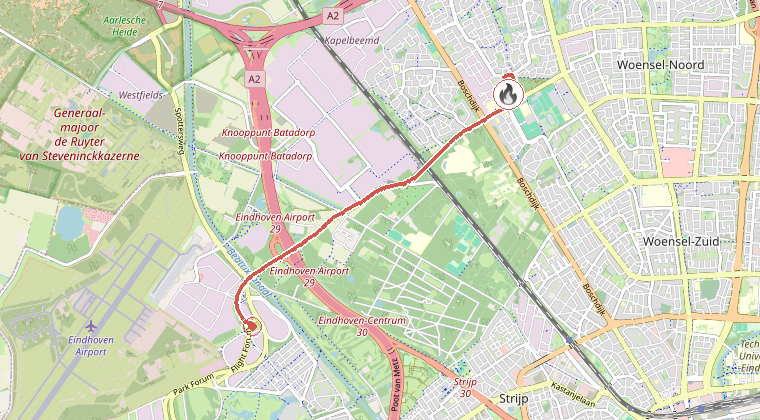 Kaart van de omgeving van de melding, met de kazerne die is gealarmeerd