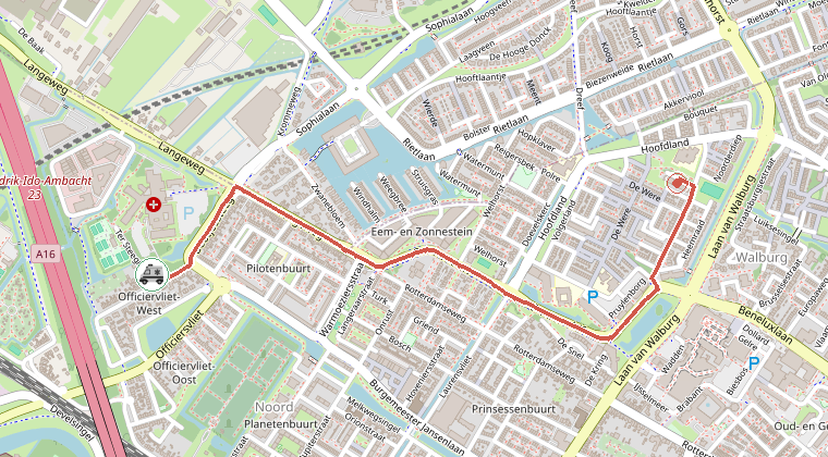 Kaart van de omgeving van de melding, met de kazerne die is gealarmeerd