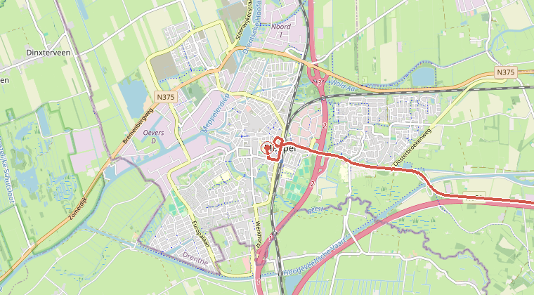 Kaart van de omgeving van de melding, met de kazerne die is gealarmeerd