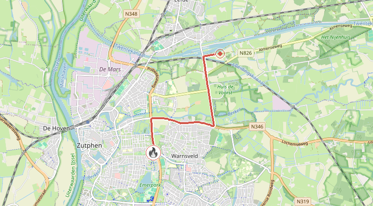 Kaart van de omgeving van de melding, met de kazerne die is gealarmeerd