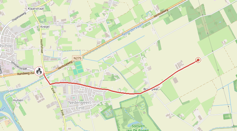 Kaart van de omgeving van de melding, met de kazerne die is gealarmeerd