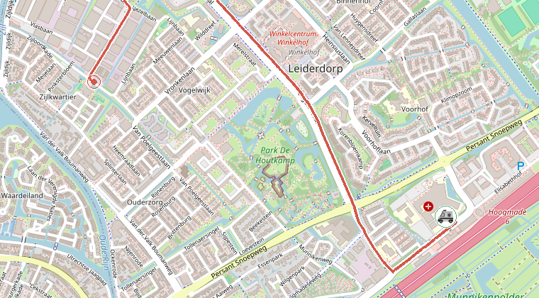 Kaart van de omgeving van de melding, met de kazerne die is gealarmeerd