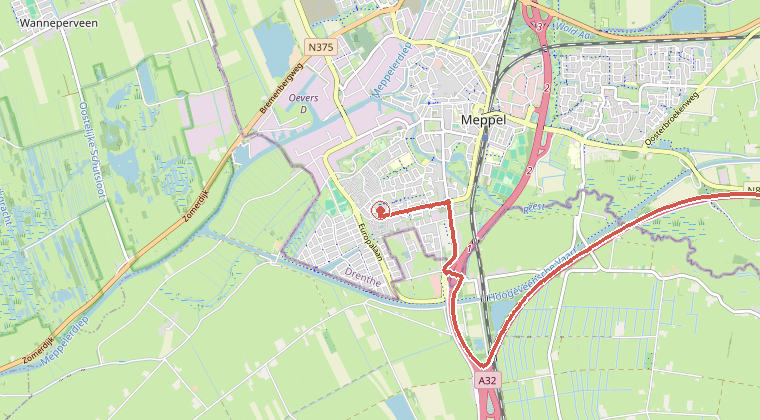 Kaart van de omgeving van de melding, met de kazerne die is gealarmeerd