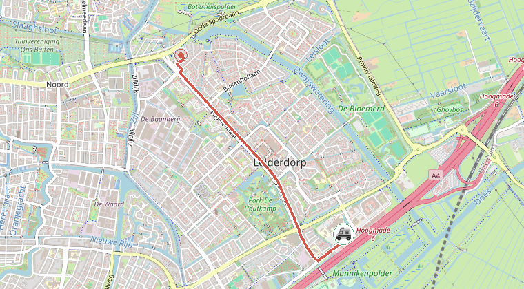Kaart van de omgeving van de melding, met de kazerne die is gealarmeerd