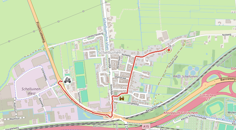 Kaart van de omgeving van de melding, met de kazerne die is gealarmeerd
