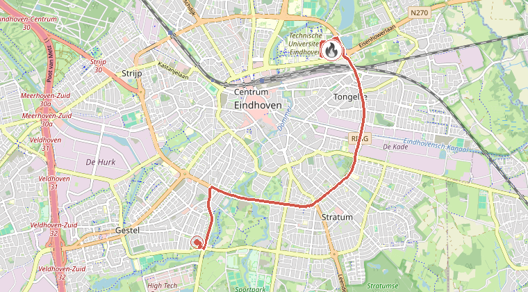 Kaart van de omgeving van de melding, met de kazerne die is gealarmeerd
