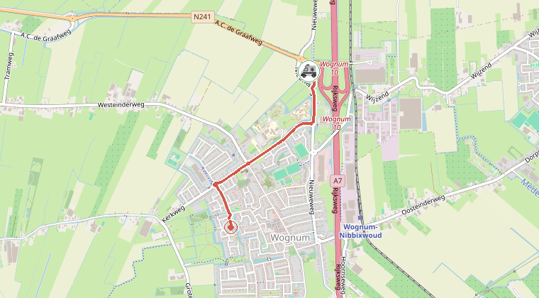 Kaart van de omgeving van de melding, met de kazerne die is gealarmeerd