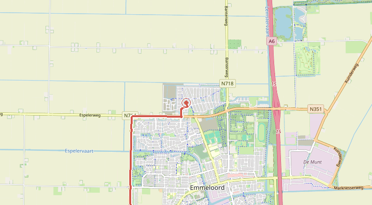 Kaart van de omgeving van de melding, met de kazerne die is gealarmeerd