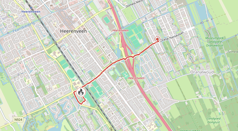 Kaart van de omgeving van de melding, met de kazerne die is gealarmeerd