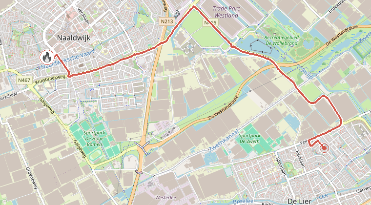Kaart van de omgeving van de melding, met de kazerne die is gealarmeerd