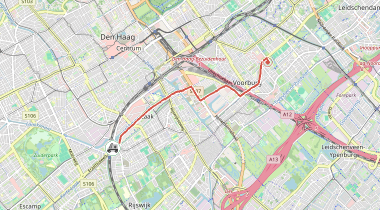 Kaart van de omgeving van de melding, met de kazerne die is gealarmeerd