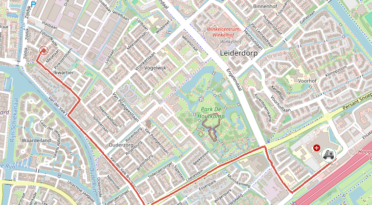 Kaart van de omgeving van de melding, met de kazerne die is gealarmeerd