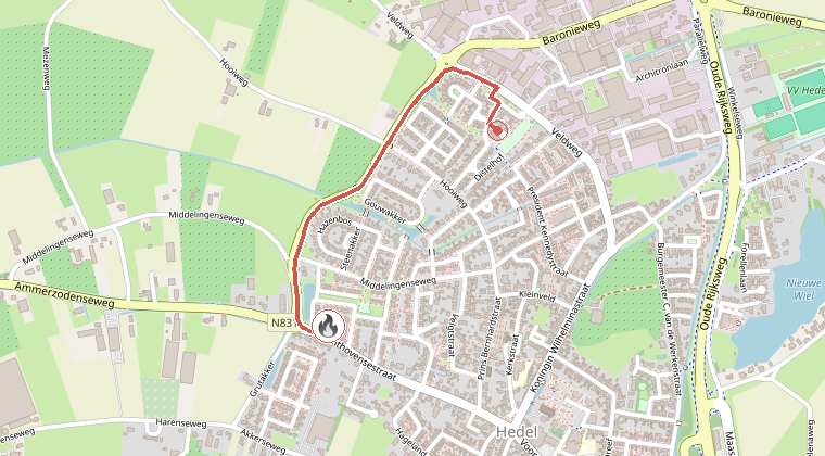 Kaart van de omgeving van de melding, met de kazerne die is gealarmeerd
