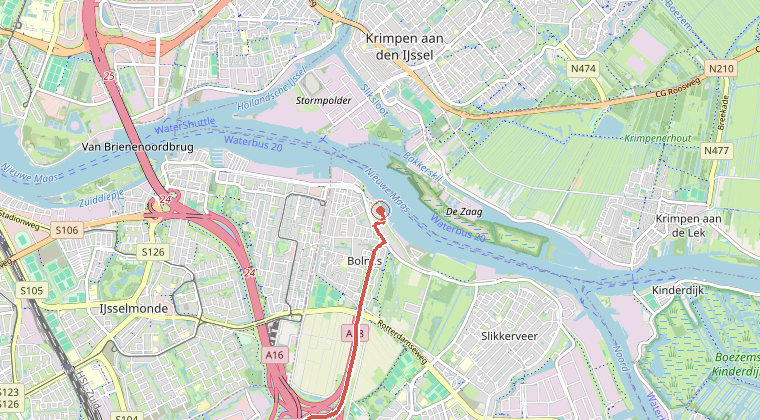 Kaart van de omgeving van de melding, met de kazerne die is gealarmeerd