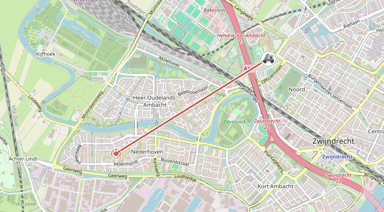 Kaart van de omgeving van de melding, met de kazerne die is gealarmeerd