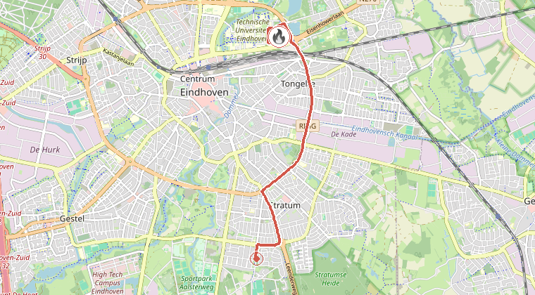 Kaart van de omgeving van de melding, met de kazerne die is gealarmeerd