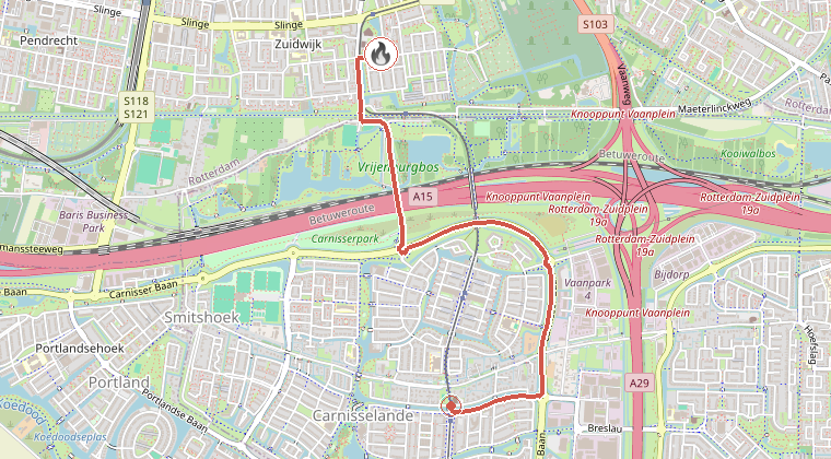 Kaart van de omgeving van de melding, met de kazerne die is gealarmeerd