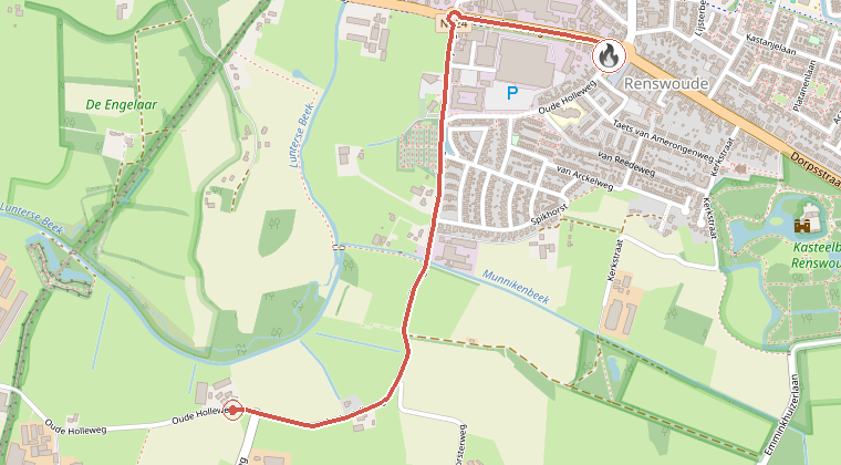 Kaart van de omgeving van de melding, met de kazerne die is gealarmeerd