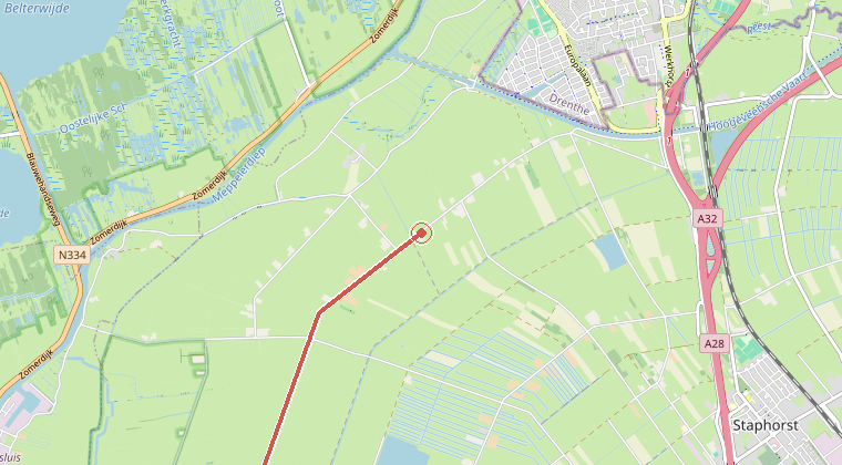 Kaart van de omgeving van de melding, met de kazerne die is gealarmeerd