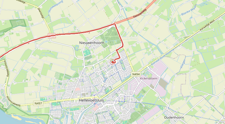 Kaart van de omgeving van de melding, met de kazerne die is gealarmeerd