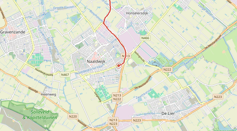 Kaart van de omgeving van de melding, met de kazerne die is gealarmeerd